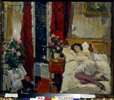 ""A szobában"" (A szobában) fiatal nő, negligee, ágyban fekve Konsztantyin Alekszejevics Korovin (Konsztantin Korovin) festménye (1861-1939) 1911 - Olaj, vászon Mérete 54x65 cm Kazah Köztársaság Állami Művészeti Múzeuma, Almaty alkotó: Konstantin Alekseevich Korovin