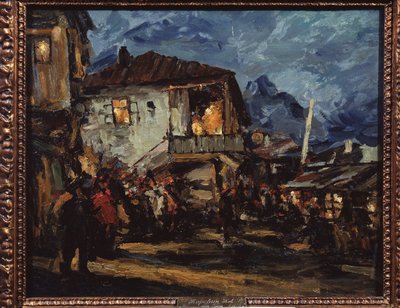 Gurzuf (Krím) (Gurzuf). Utcakép a kikötő faluban faházakkal. Konsztantyin Alekszejevics Korovin (Konsztantin Korovin) festménye (1861-1939), olaj, vászon alkotó: Konstantin Alekseevich Korovin