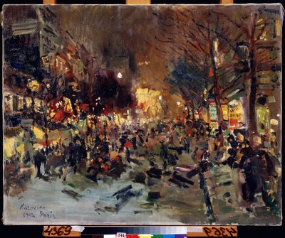 Grand Boulevard Párizsban (Boulevard in Paris). Kilátás a nyüzsgő utcára este. A jobb oldalon Morris oszlopok láthatók. Konsztantyin Alekszejevics Korovin (Konsztantin Korovin) festménye (1861-1939), olaj, vászon alkotó: Konstantin Alekseevich Korovin