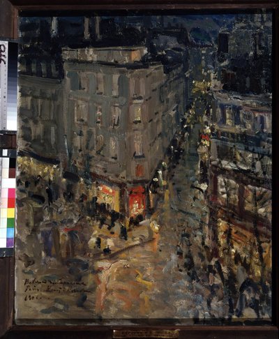 Párizs, Boulevard des Capucines (Paris, Boulevard des Capucines). Kilátás a Boulevard des Capucines és a Boulevard des Italiens kereszteződésére, egy nyári éjszakán, az utcai lámpák fényei által megvilágított épületek és az utca nyüzsgése. Konstantin Ale f alkotó: Konstantin Alekseevich Korovin