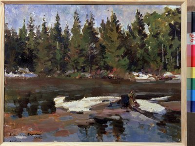 Tavasz (tavasz). Táj, egy folyó partja az erdőben. Konsztantyin Alekszejevics Korovin (Konsztantin Korovin) festménye (1861-1939), olaj, vászon alkotó: Konstantin Alekseevich Korovin