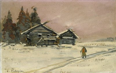 Téli táj két fakunyhóval (testszín és olaj a fedélzeten, rajzként rögzítve) alkotó: Konstantin Alekseevich Korovin