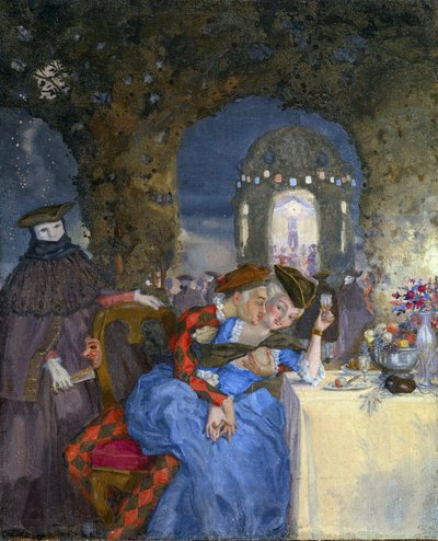 ""Rendez-vous"" Pár tréfálkodik egy nyári bulin, álarcos szereplők tekintete alatt Konsztantyin Somov (1869-1939) festménye - 1918 körül - Olaj, vászon Mérete 27x22 cm Magángyűjtemény alkotó: Konstantin Andreevic Somov