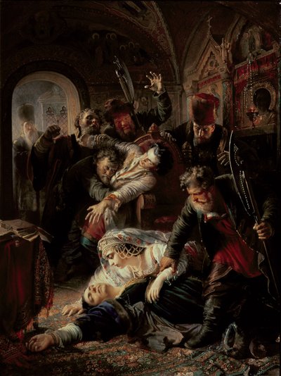 Bérelt bérgyilkosok megölték Borisz Fjodorovics cárt, Godunov fiát alkotó: Konstantin Egorovich Makovsky