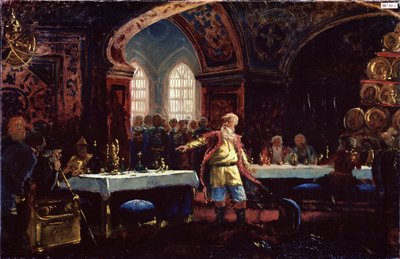 Repnin Mihály (?) gróf Rettegett Iván ünnepén (1530-1584). (Mihail Repnin gróf Iván A szörnyű lakomán). Repnin a terített asztalok közepén állva elítéli a cár politikáját. Konsztantyin Jegorovics Makovszkij festménye (Constantin Mak alkotó: Konstantin Egorovich Makovsky