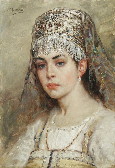 Bojár nő portréja (boiard, boiar): szarafán ruhában van, fején kokoshnik, hagyományos frizura - Konsztantyin Jegorovics Makovszkij (Konsztantin Makovski) festménye (1839-1915) alkotó: Konstantin Egorovich Makovsky