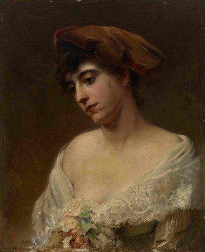 Fiatal nő vörös svájcisapkóban alkotó: Konstantin Egorovich Makovsky