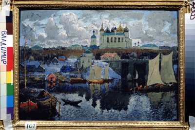 A híd Novgorodban (Oroszország) (Novgorod, Pier). Konstantin (Konstantin) Ivanovics Gorbatov (1876-1945) festménye, olaj, vászon alkotó: Konstantin Ivanovich Gorbatov