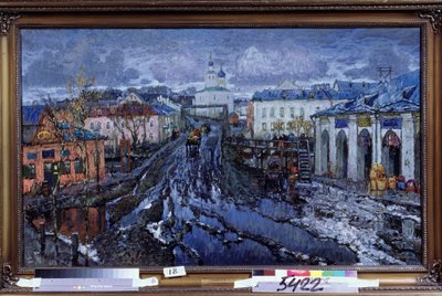 Utca egy tartományi városban. Városi táj, a templomhoz vezető utca leírása, kora tavasszal a földes utcát az üzletekkel zsúfolt olvadó hó, ami tócsákat, sáros medencéket képez alkotó: Konstantin Ivanovich Gorbatov