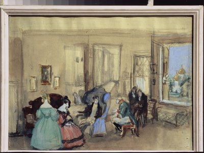 Jelenet Nicolas Gogol (1809-1852) "The Revizor" című színházi darabjából (N. Gogol The Revizor című színházi darabjából) - Konsztantyin Ivanovics Rudakov (Konsztantin Roudakov) munkája (1891-1949), akvarell és gouache, papír - Art scenograp alkotó: Konstantin Ivanovich Rudakov