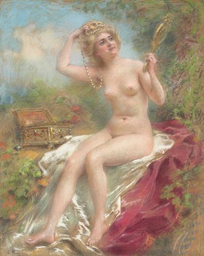 Ülő akt néz a tükörbe alkotó: Konstantin Makovsky