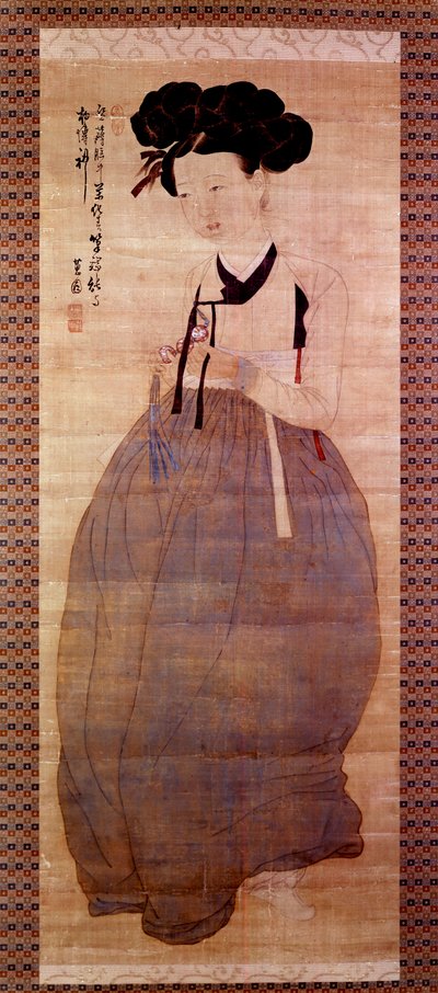 Art Coreen: gésa portréja (koreai lány gésa jelmezben). Nyomtatás 1758-ból. Magángyűjtemény. alkotó: Korean School