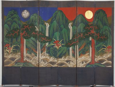 Táj (tempera és aranylevél a panelen) alkotó: Korean School
