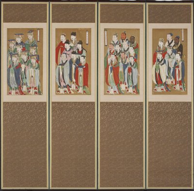Felvonulási jelenet, Choson-dinasztia (színes papíron és selyemen) alkotó: Korean School