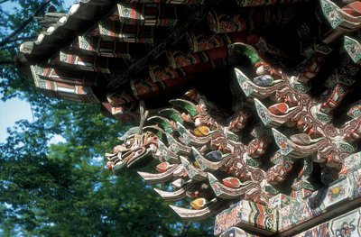 Sŏgwang-sa templom, Kosan megye, Kangwon tartomány, Észak-Korea, a tető részlete (fotó) alkotó: Korean School