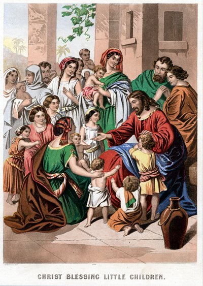 Krisztus áldja a kisgyermekeket, 19. század közepe alkotó: Kronheim and Co