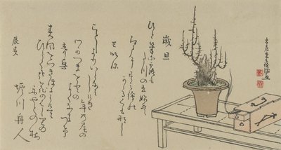 Bonsai szilvafa a padon és a dobozon, 1796. alkotó: Kubo Shunman