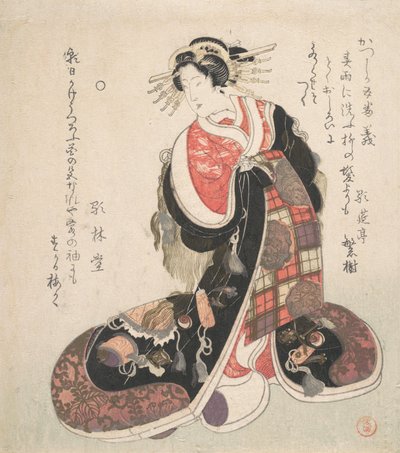 A Good Luck emblémáival hímzett, igényes ruhába öltözött udvarhölgy, kb. 1800. alkotó: Kubo Shunman