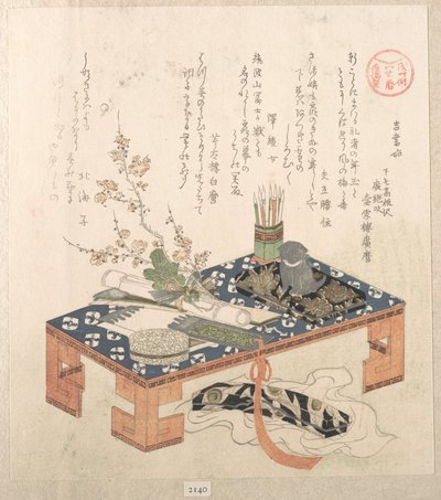 „Íróasztal írókészlettel és szilvavirágokkal”, az „Asakusa-csoport számára készült Ise-naptárak” (Asakusa-gawa Ise goyomi) sorozatból
A „Tavaszi eső” gyűjteményből (Harusame shū), 2. kötet alkotó: Kubo Shunman