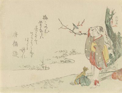 Utazó nő megáll, hogy hallgasson egy poszátát, 1797. alkotó: Kubo Shunman
