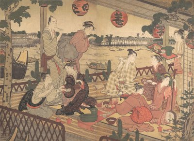Két fiatal férfi és több nő vacsorázik egy teaházban a Sumida folyó partján, kb. 1788. alkotó: Kubo Shunman