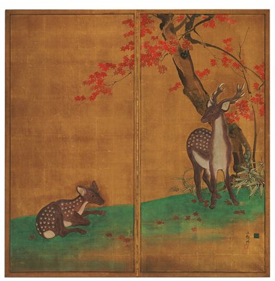 Szarvas egy juharfa alatt alkotó: Kubota Beisen