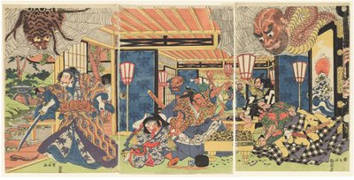 Minamoto no Yorimitsu és csatlósai legyőzik a földi pókot, 1804-1818 körül (fametszet (nishiki-e); tinta és szín, papír) alkotó: Kuninaga Utagawa