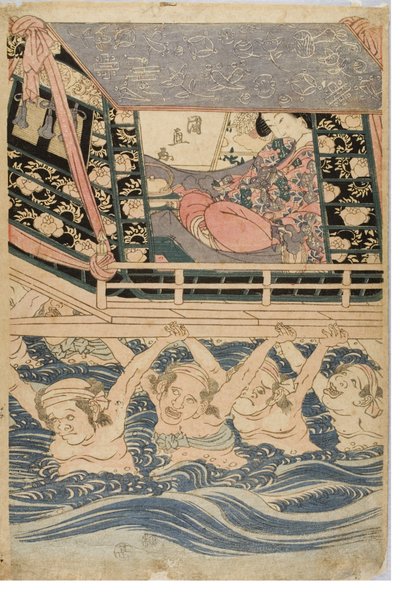 Tavaszi jelenet fiatal nőkről egy utazáson, 1786-1864 körül (fatömbnyomat papíron) alkotó: Kuninaga Utagawa