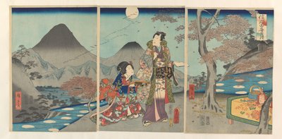 A hold tükröződött Shinano rizsföldjein Shinshû tagoto no tsuki (cím az objektumon) alkotó: Kunisada (II) , Utagawa