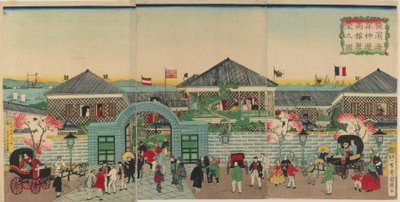Kép a kereskedelmi létesítmények virágzásáról a Nakadouri mentén a Yokohama partján, Meidzsi-korszak, 1870 (színes fametszet) alkotó: Kuniteru II Utagawa