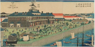 A Tsukiji Hotel tengerparti kertje a keleti fővárosban, Meiji-korszak, 1868 (színes fatömbnyomat) alkotó: Kuniteru II Utagawa