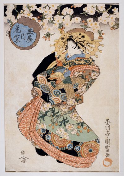 Hanamurasaki udvarhölgy a Tamaya teaházból, 1830 körül, Ukiyo-e art print Utagawa Kunitomi (aktív 1810-1830), Oban-tate-e fametszet, 38,2x26,5 cm, japán civilizáció alkotó: Kunitomi Utagawa