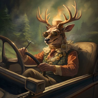A deer with a cigar in his mouth driving a convertible automobile 1 alkotó: Kurt Heppke