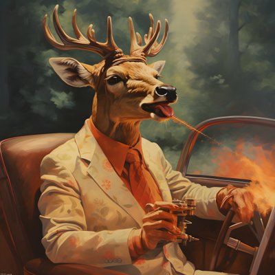 A deer with a cigar in his mouth driving a convertible automobile 2 alkotó: Kurt Heppke