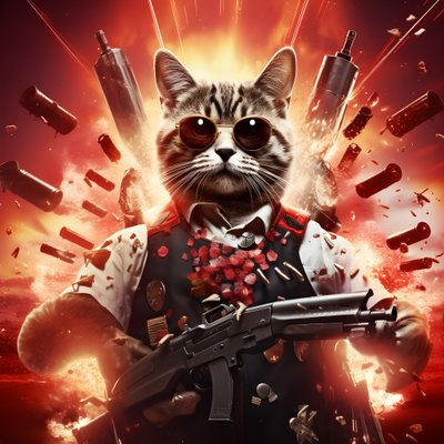 Filmplakát egy fekete-fehér pöttyös inget és fényes napszemüveget viselő macskáról, háttérben robbanásokkal és ágyúkkal 1 alkotó: Kurt Heppke
