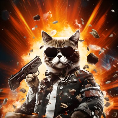 Filmplakát egy fekete-fehér pöttyös inget és fényes napszemüveget viselő macskáról, háttérben robbanásokkal és ágyúkkal 3 alkotó: Kurt Heppke