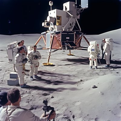 Emberek csoportja tévékamerával a hamis Apollo 11 2. projekt bemutatására alkotó: Kurt Heppke