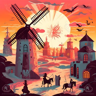 Háttér Don Quijote a jobb szélen az árnyékszerű szamarán, a szélmalmok előtt, illő háttér 2 alkotó: Kurt Heppke