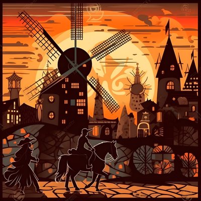 Hintergrund Don Quijote ganz rechts auf seinem Esel so klein wie ein Schatten, vor den Windmühlen, eine passende Kulisse 4 alkotó: Kurt Heppke
