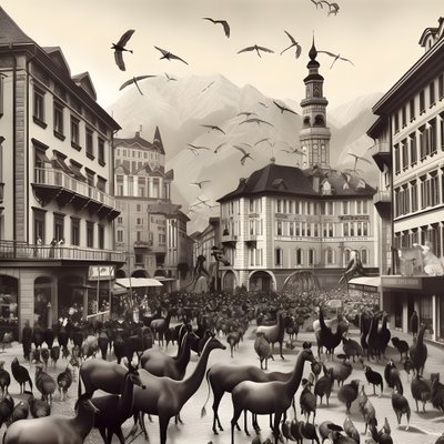 Innsbruck egy régi fényképen elegáns zebrákkal, sirályokkal, majmokkal és agyagfigurákkal. 4 alkotó: Kurt Heppke