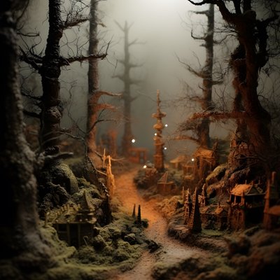 Miniatűr billenős halloween-erdő ködös fákkal és kísérteties hangulattal 4 alkotó: Kurt Heppke