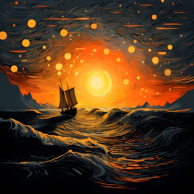 Sonnenuntergang, orange-gelbe Sonne, Wolken, fuenf rotierende Kreise von Wolken in einem großen Himmel, punktfoermige Wellen und orange-gelbe Sonnenuntergangswolken, die sich auf den Wellen spiegeln, ein Boot faehrt aufs Meer hinaus 1 alkotó: Kurt Heppke
