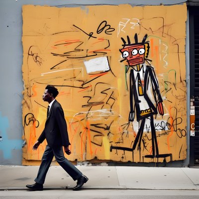 egy festett figura életre kel, ahogy sétál egy New York-i utcán, szürreális fotó 3 alkotó: Kurt Heppke