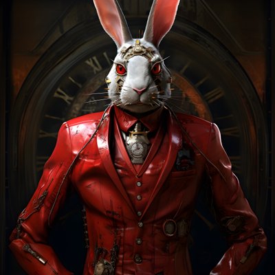 férfi antropomorf kibernetikus óra punk android nyuszi, piros ruhában 2 alkotó: Kurt Heppke