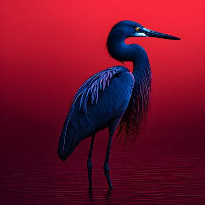 synthwave digitális képzőművészeti alkotás egy egzotikus kobaltkék kócsagról piros papíron 3 alkotó: Kurt Heppke
