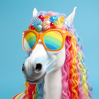 fehér ló szivárványos szemüveggel, kék alapon 4 alkotó: Kurt Heppke