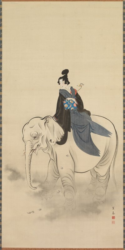 Az elefánton lovagló udvarhölgy Bodhisattva Fugen paródiája, 19. század. alkotó: Kuwagata Keisai