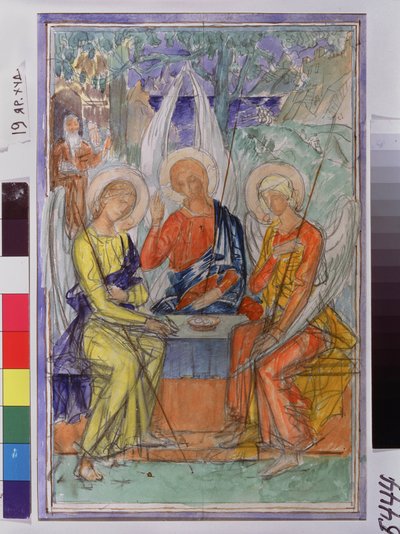 A Szentháromság. A három angyal ábrázolása, akik megjelentek Ábrahámnak a Chene de Mambre közelében. Kuzma Szergejevics Petrov Vodkin (Petrov-Vodkin) (Kouzma Petrov Vodkin) (Petrov-Vodkin) (1878-1939) munkája, akvarell papíron alkotó: Kuzma Sergeevich Petrov Vodkin