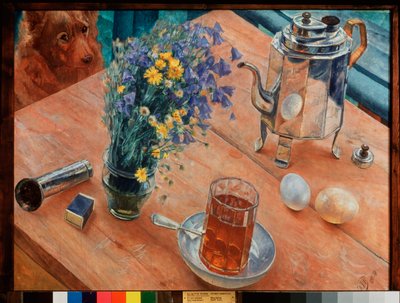 Reggeli csendélet. (Pohár tea és teáskanna, tojás, gyufásdoboz és egy csokor vadvirág, asztalra helyezve, kutya megfigyelése). Kuzma Szergejevics Petrov Vodkin festménye (Petrov-Vodkin) (Kouzma Petrov Vodkin) (Petrov-V alkotó: Kuzma Sergeevich Petrov Vodkin