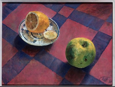 Alma és citrom. (Alma és citrom). Kuzma Szergejevics Petrov Vodkin (Petrov-Vodkin) festménye (Kouzma Petrov Vodkin) (Petrov-Vodkin) (1878-1939), olaj, vászon alkotó: Kuzma Sergeevich Petrov Vodkin